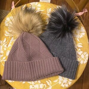 Cozy Knit Pom-Pom Beanie Set - Tan and Gray
